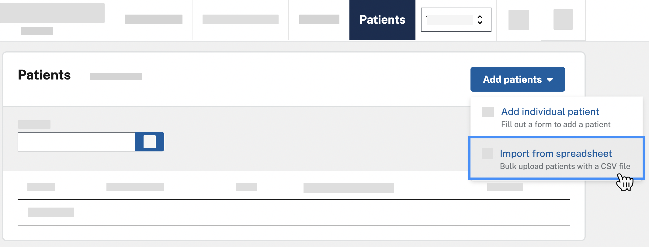 The user's mouse hovering over the "Add patients" button toward the top right of the page