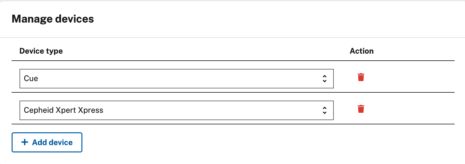 The "Manage devices" section of the page, with two devices already entered, the option to delete either of them, and the "+ Add device" button at the bottom
