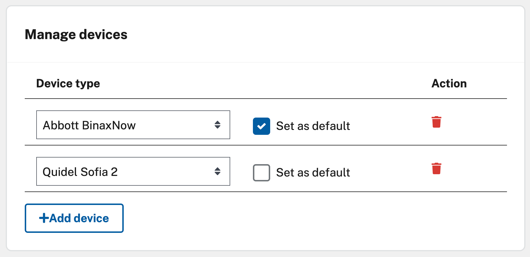 The "Manage devices" section of the page, with two facilities already entered, the option to set one as the default device, the option to delete either of them, and the "+ Add device" button at the bottom